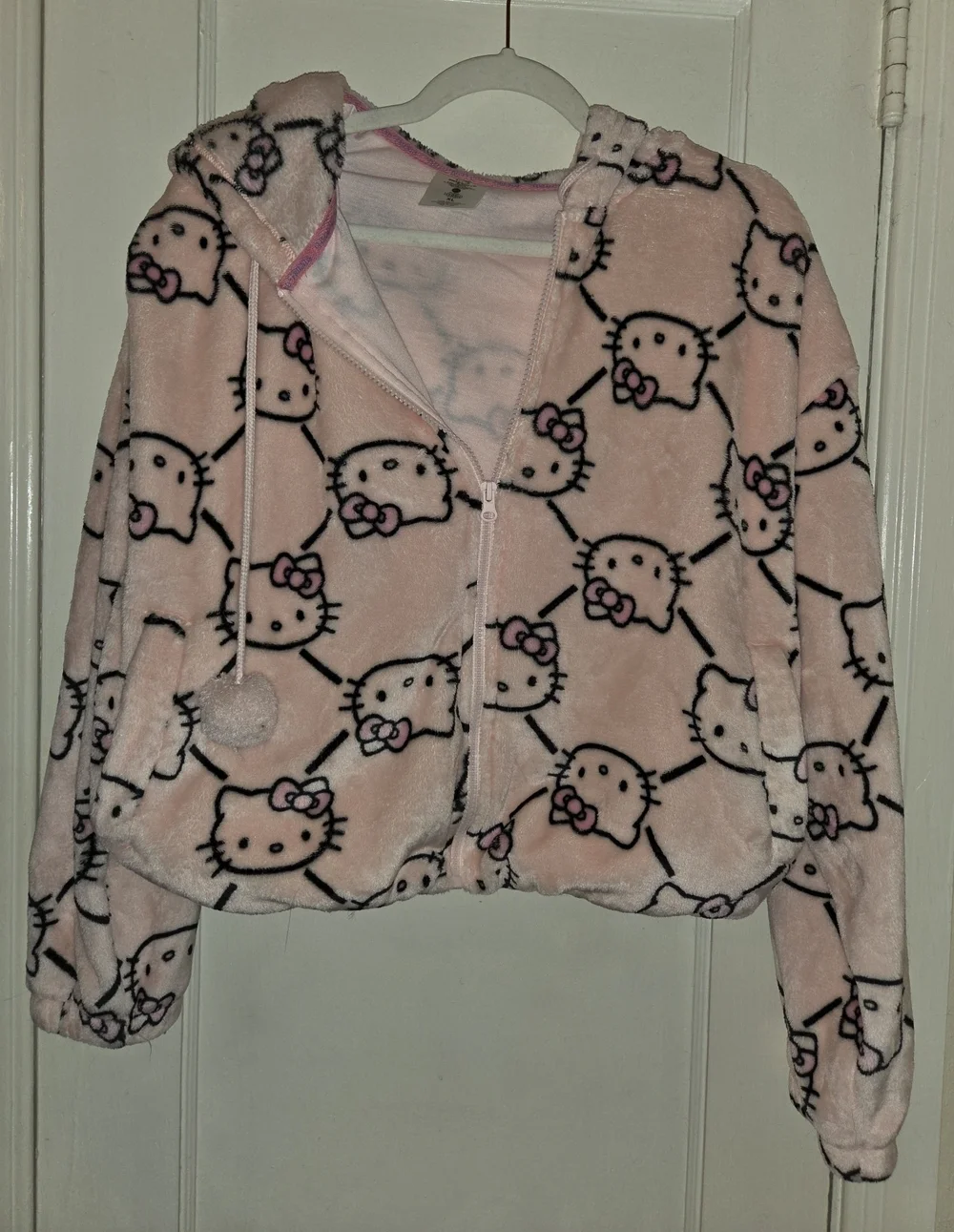 Hello Kitty Pink Plush Hooded Zip Jacket with Pom Tassels